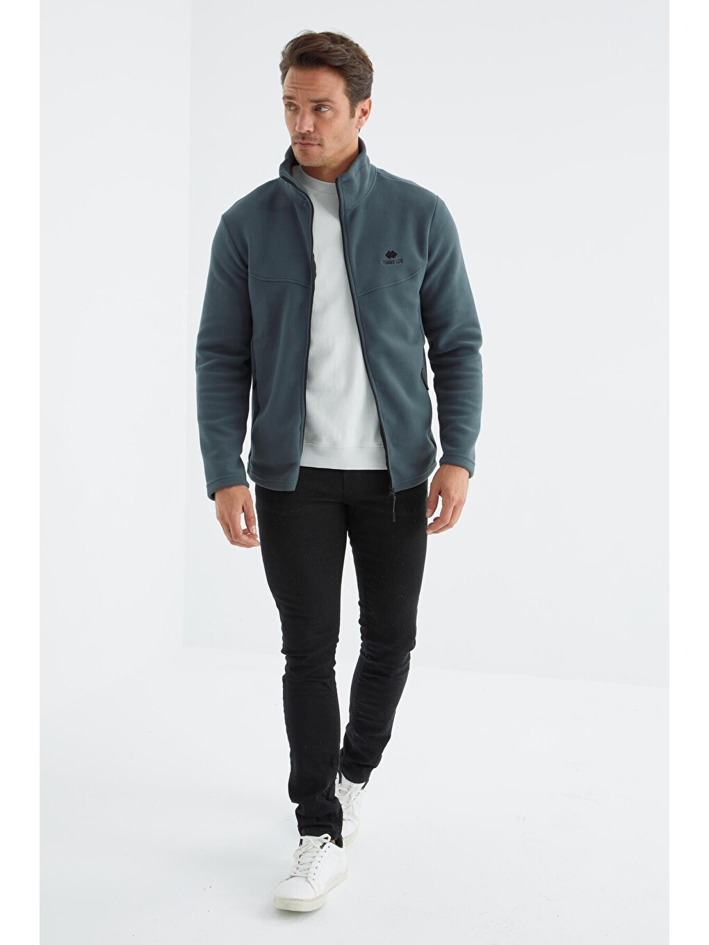 Orman Yeşili Dik Yaka Standart Kalıp Erkek Fermuarlı Sweatshirt Hırka Polar - 88134-3