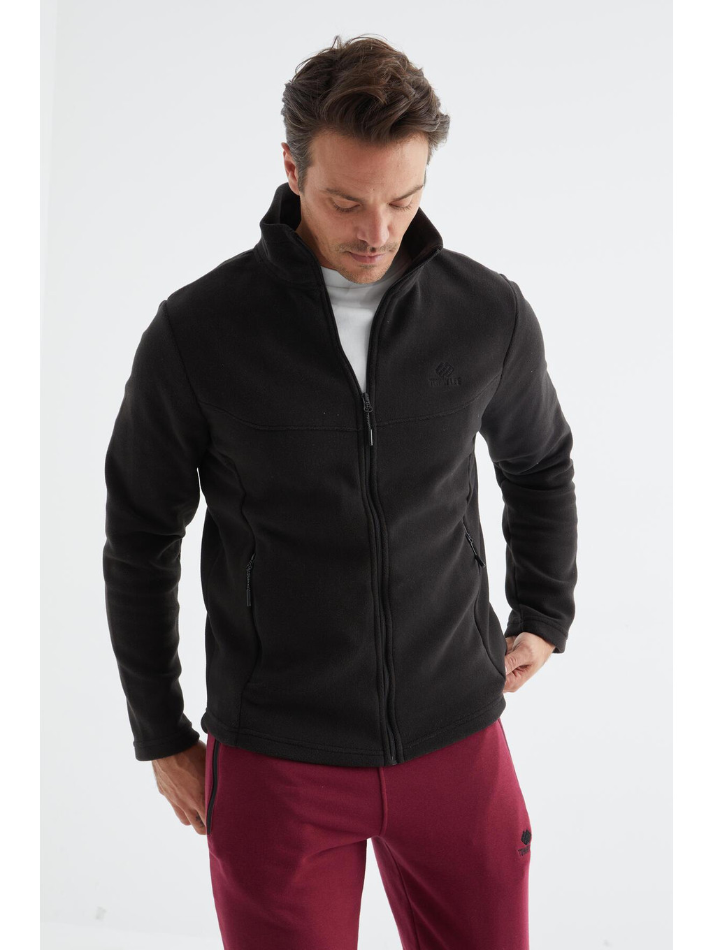 Siyah Dik Yaka Standart Kalıp Erkek Fermuarlı Sweatshirt Hırka Polar - 88134-4