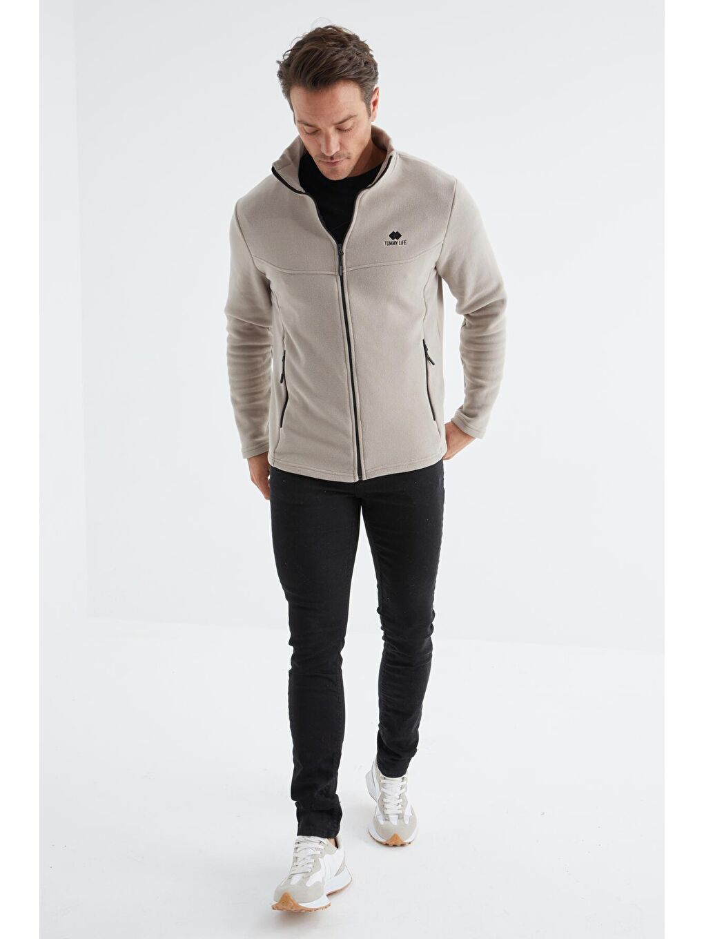 Koyu Bej  Dik Yaka Standart Kalıp  Erkek Fermuarlı Sweatshirt Hırka Polar - 88134-3