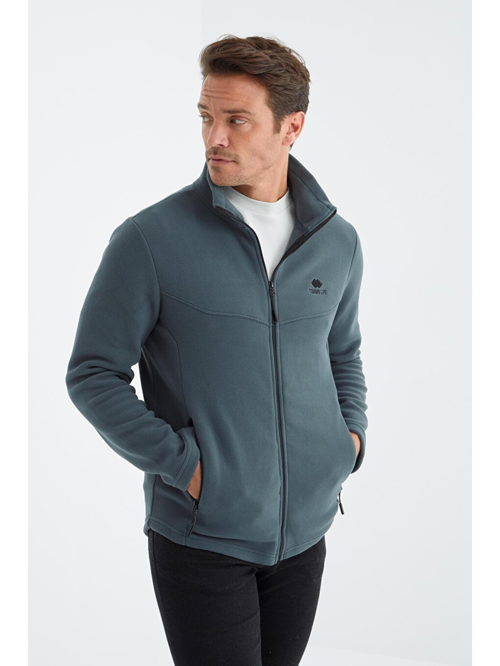 Orman Yeşili Dik Yaka Standart Kalıp Erkek Fermuarlı Sweatshirt Hırka Polar - 88134-4