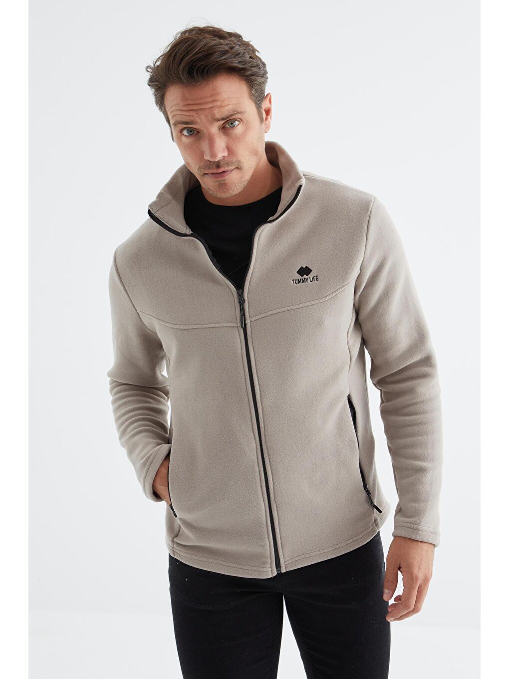Koyu Bej  Dik Yaka Standart Kalıp  Erkek Fermuarlı Sweatshirt Hırka Polar - 88134-4