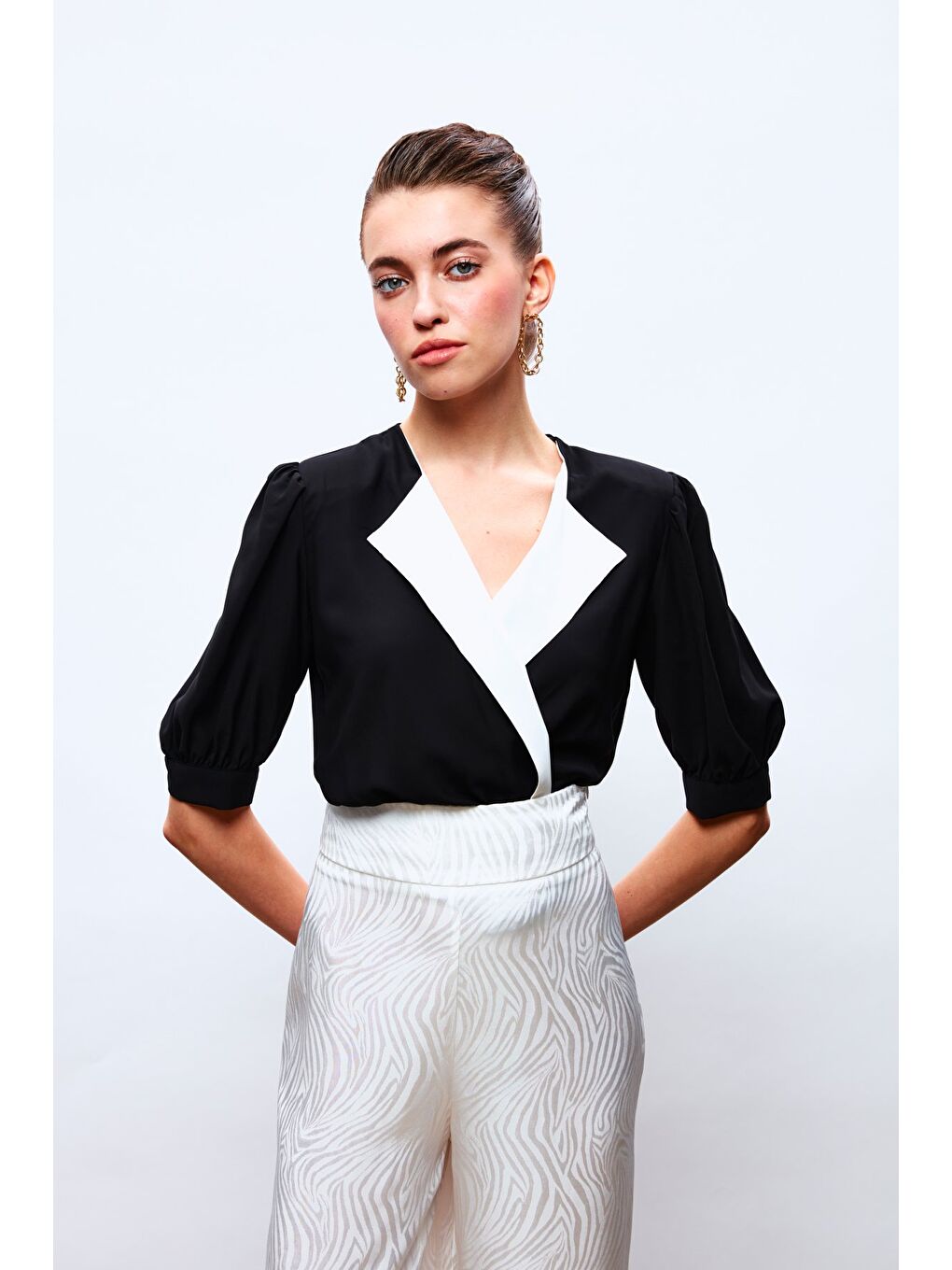 Ceket Yaka Bodysuit Bluz - Siyah