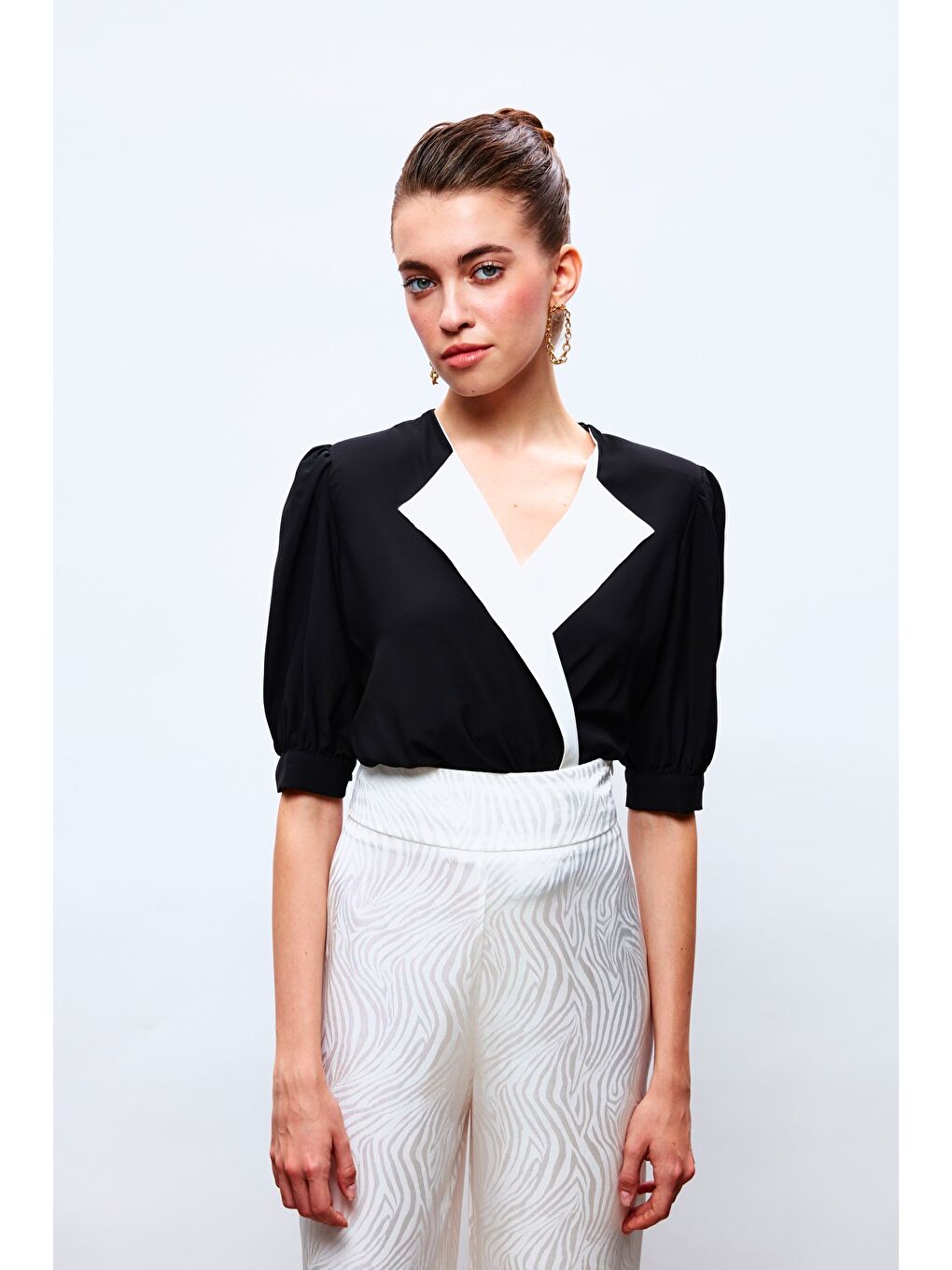 Ceket Yaka Bodysuit Bluz - Siyah-1