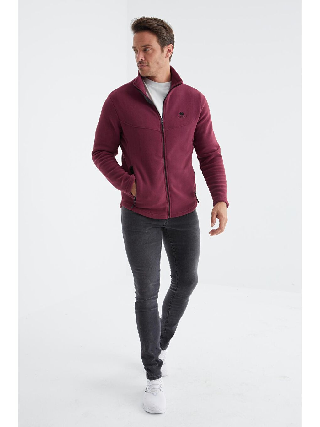 Bordo Erguvan  Dik Yaka Standart Kalıp  Erkek Fermuarlı Sweatshirt Hırka Polar - 88134-1