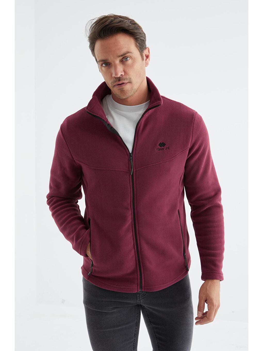 Bordo Erguvan  Dik Yaka Standart Kalıp  Erkek Fermuarlı Sweatshirt Hırka Polar - 88134-2