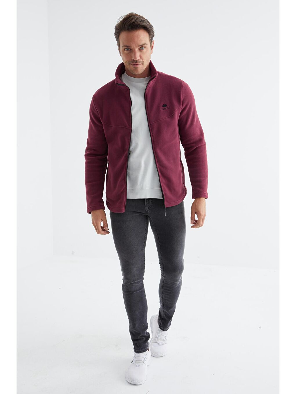 Bordo Erguvan  Dik Yaka Standart Kalıp  Erkek Fermuarlı Sweatshirt Hırka Polar - 88134-3