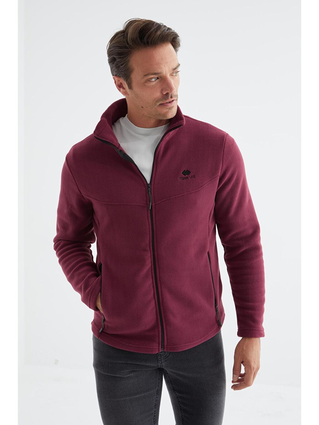 Bordo Erguvan  Dik Yaka Standart Kalıp  Erkek Fermuarlı Sweatshirt Hırka Polar - 88134-4