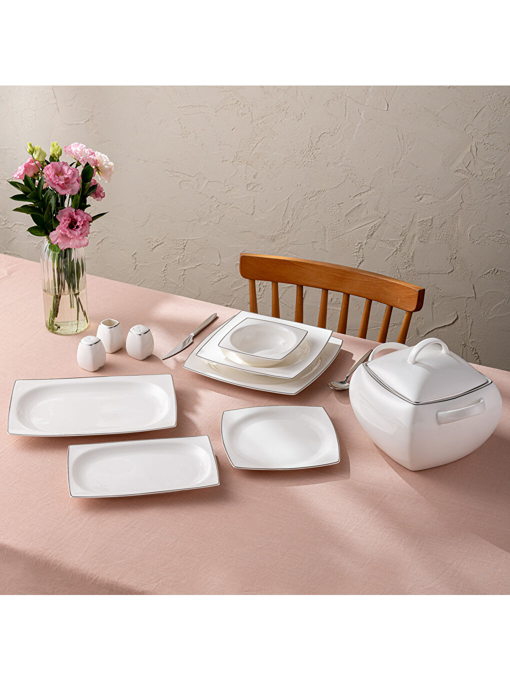 Beyaz Yeni Karmen 60 Parça 12 Kişilik Yemek Takımı Kare Platin-6