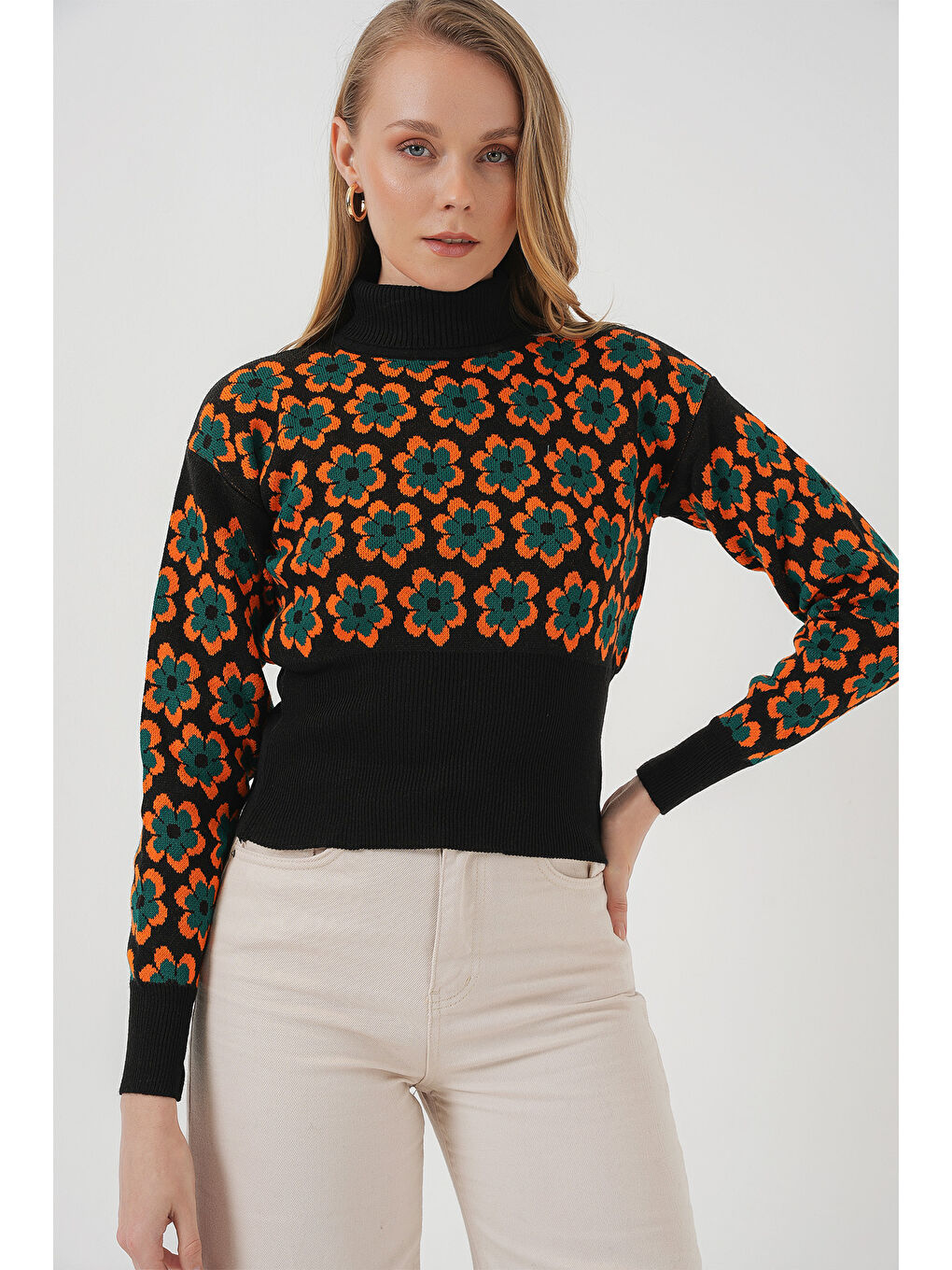 Turuncu 15801 Boğazlı Desenli Crop Kazak - Oranje-2