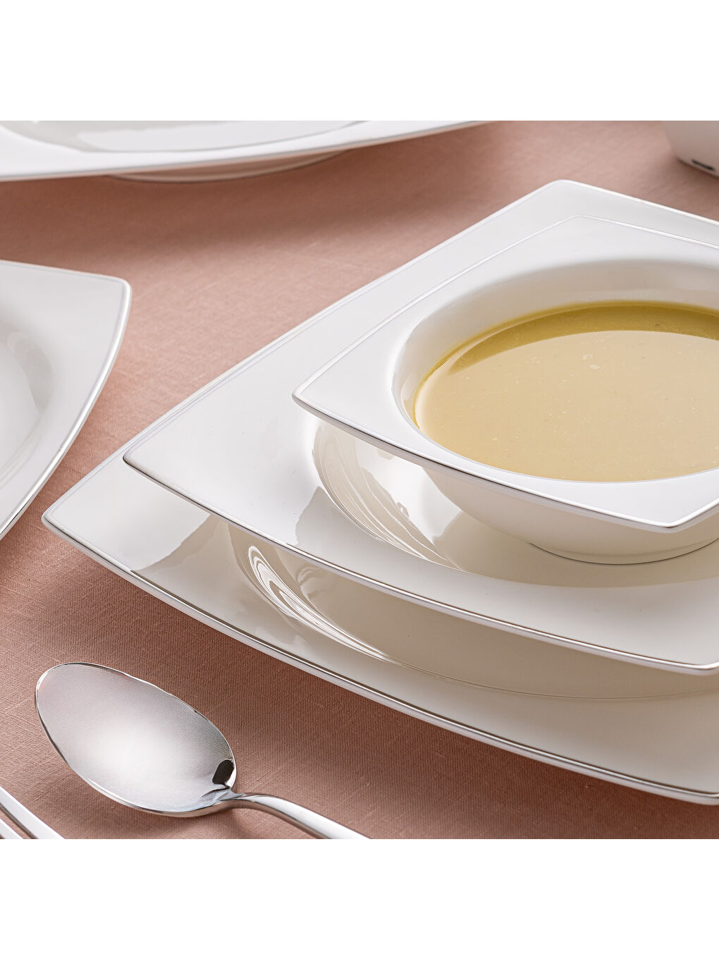 Beyaz Yeni Karmen 60 Parça 12 Kişilik Yemek Takımı Kare Platin-7