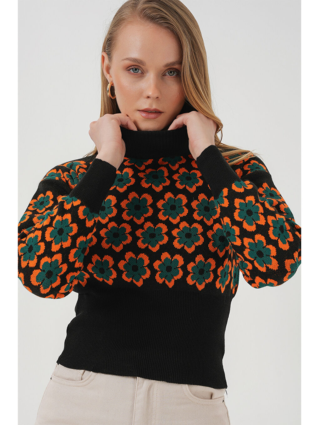 Turuncu 15801 Boğazlı Desenli Crop Kazak - Oranje-3