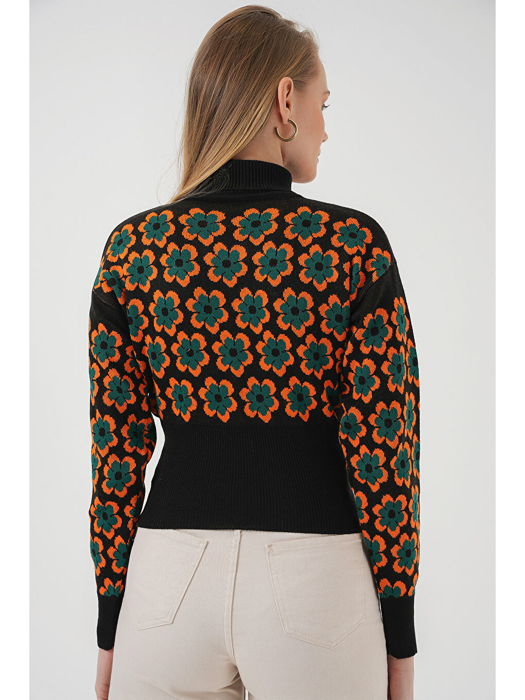 Turuncu 15801 Boğazlı Desenli Crop Kazak - Oranje-4