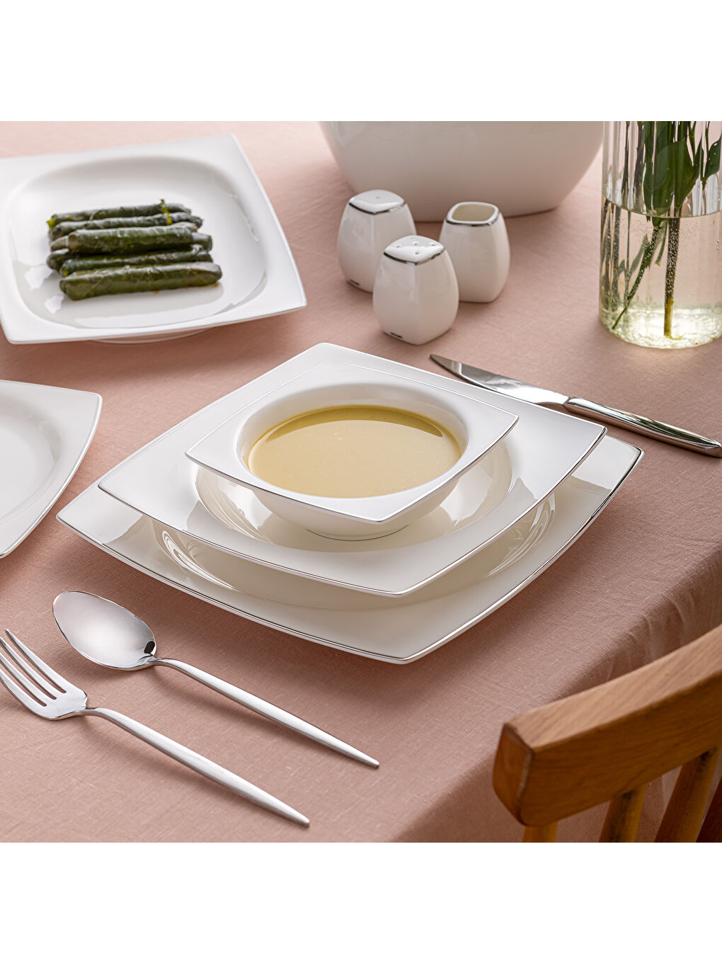 Beyaz Yeni Karmen 60 Parça 12 Kişilik Yemek Takımı Kare Platin-8