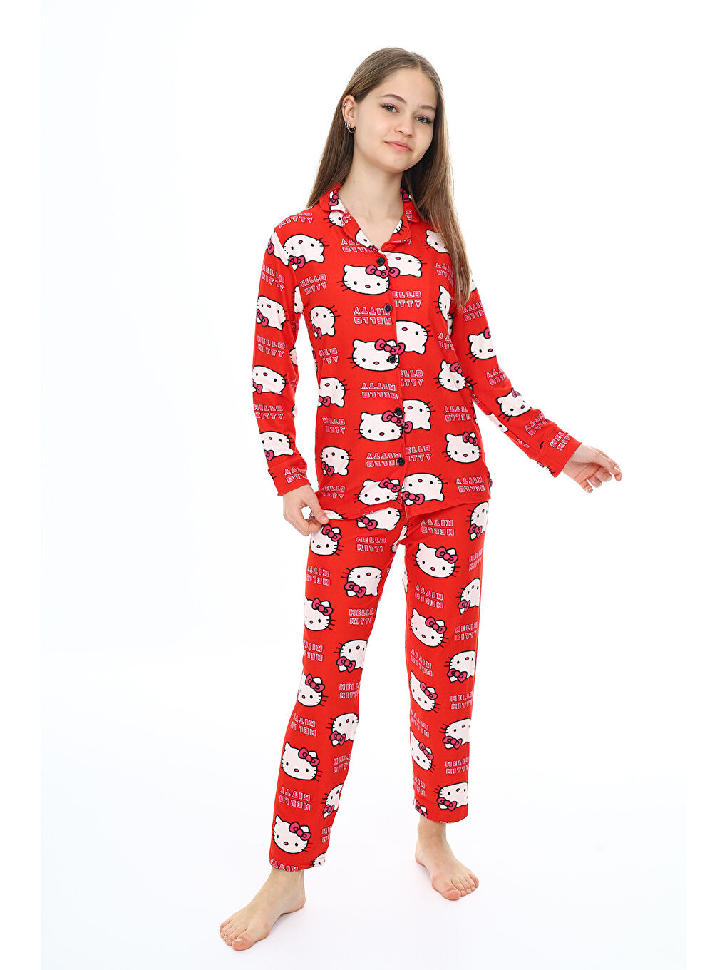 Kırmızı Kız Çocuk Kedi Baskılı Pijama Takımı 7-16 Yaş 0150