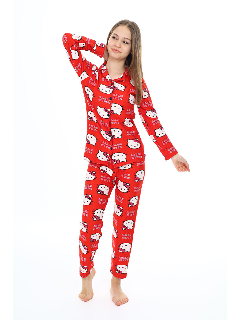 Kırmızı Kız Çocuk Kedi Baskılı Pijama Takımı 7-16 Yaş 0150-1