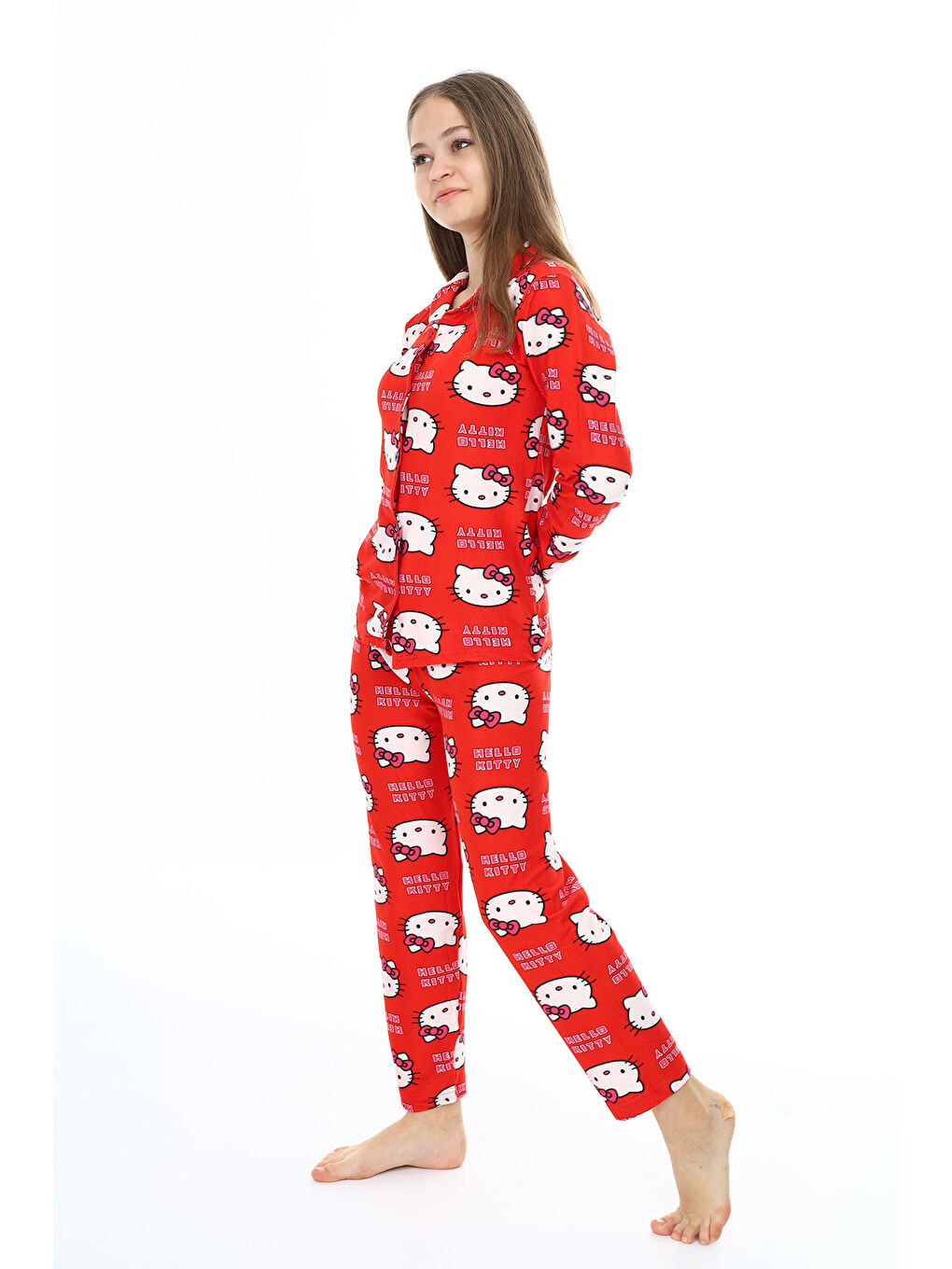 Kırmızı Kız Çocuk Kedi Baskılı Pijama Takımı 7-16 Yaş 0150-2