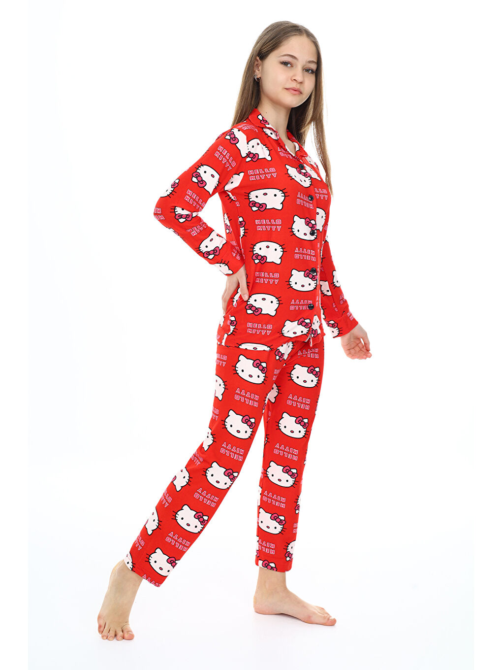 Kırmızı Kız Çocuk Kedi Baskılı Pijama Takımı 7-16 Yaş 0150-3