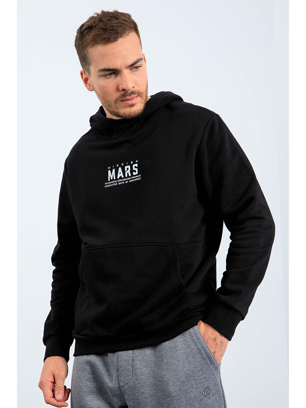 Siyah Mars Yazı Ve Sırt Baskılı Kapüşonlu Rahat Form Erkek Sweatshirt - 88032