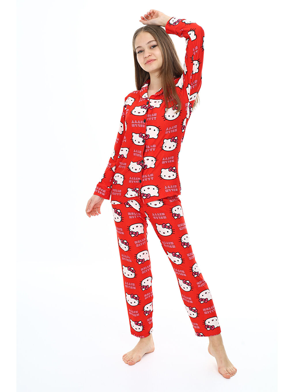 Kırmızı Kız Çocuk Kedi Baskılı Pijama Takımı 7-16 Yaş 0150-4