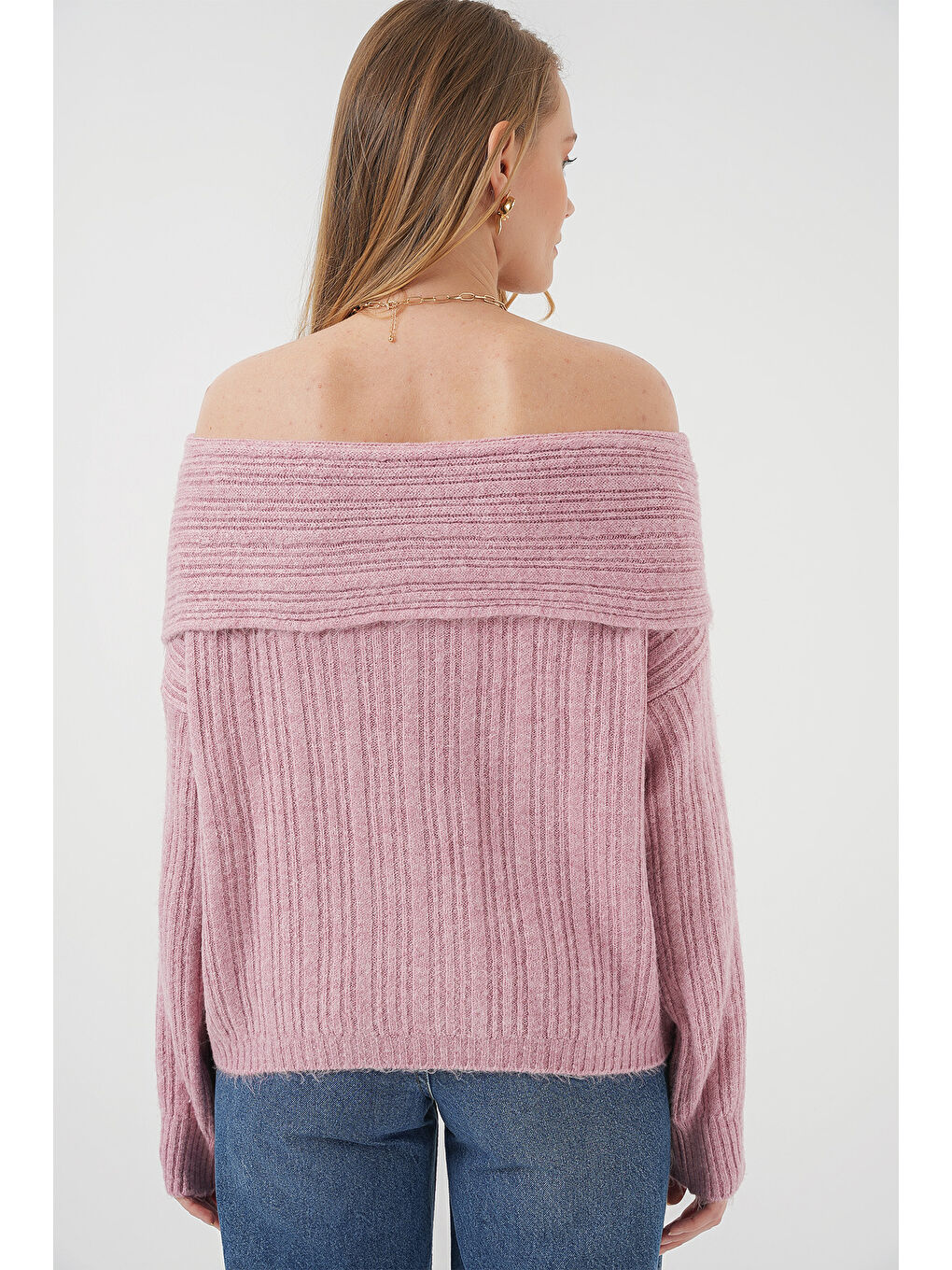 Pembe 15908 Kadın Açık Omuz Oversize Triko Kazak - Pudra-5