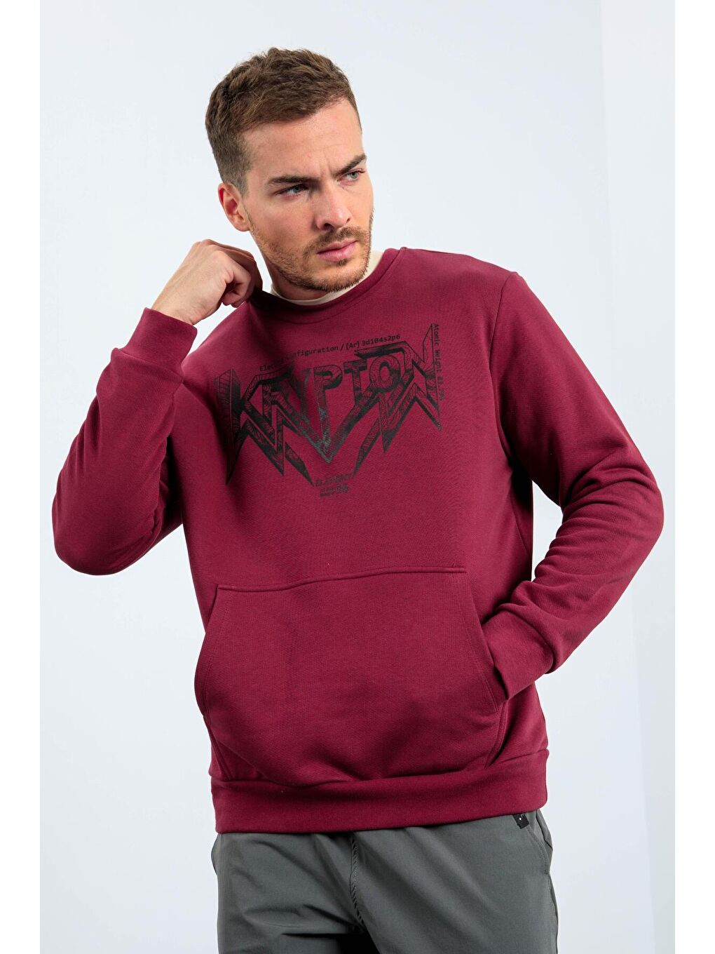 TOMMYLIFE Bordo Erguvan Erkek Yazı Baskılı Bisiklet Yaka Rahat Form Sweatshirt - 88037 - 3