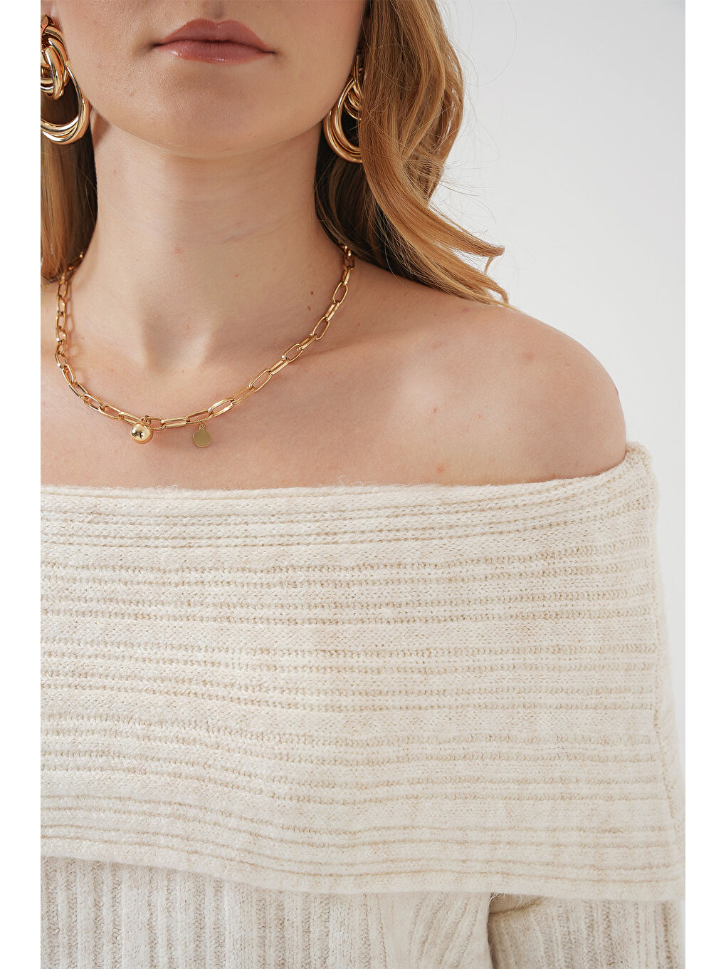 15908 Kadın Açık Omuz Oversize Triko Kazak - Ekru-5