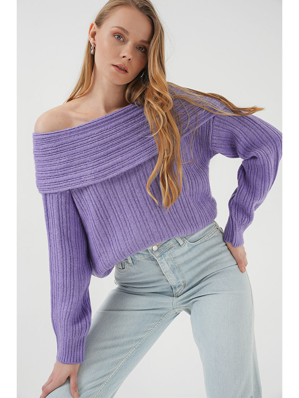 Bigdart 15908 Kadın Açık Omuz Oversize Triko Kazak - Lila