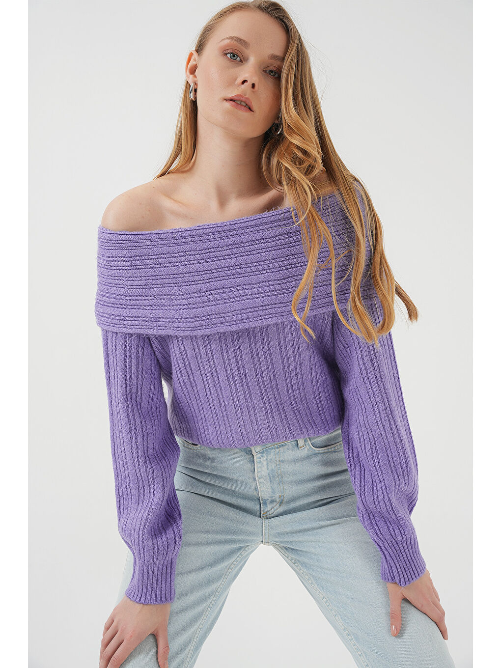 Bigdart 15908 Kadın Açık Omuz Oversize Triko Kazak - Lila - 3