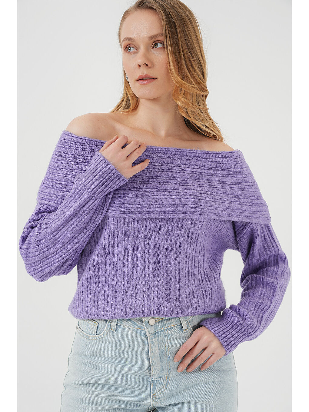 Bigdart 15908 Kadın Açık Omuz Oversize Triko Kazak - Lila - 4