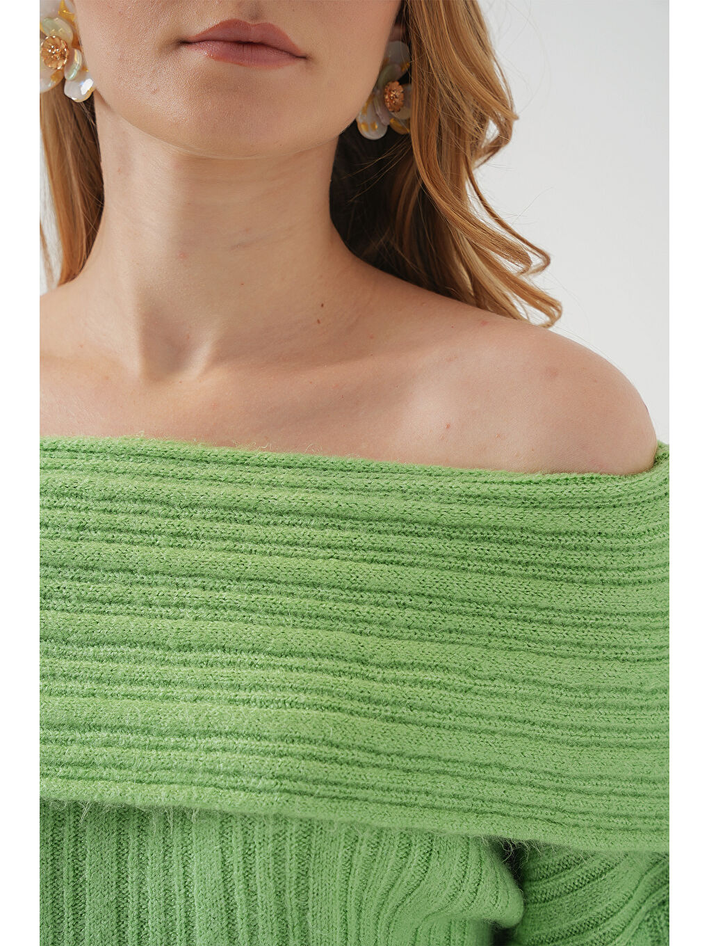 15908 Kadın Açık Omuz Oversize Triko Kazak - E.Yeşil-4