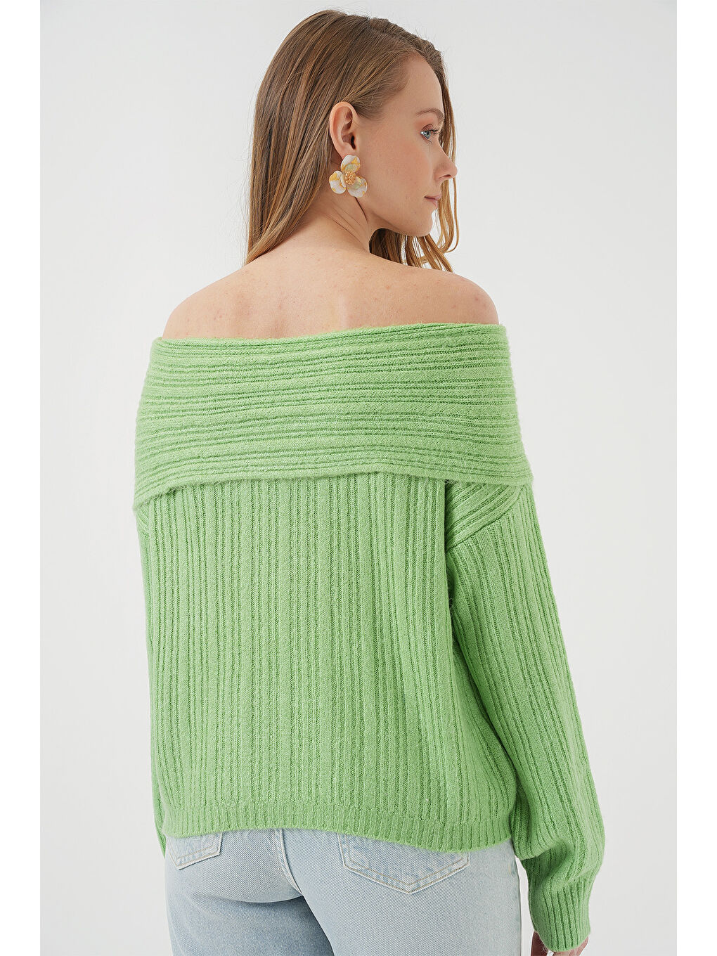 15908 Kadın Açık Omuz Oversize Triko Kazak - E.Yeşil-5