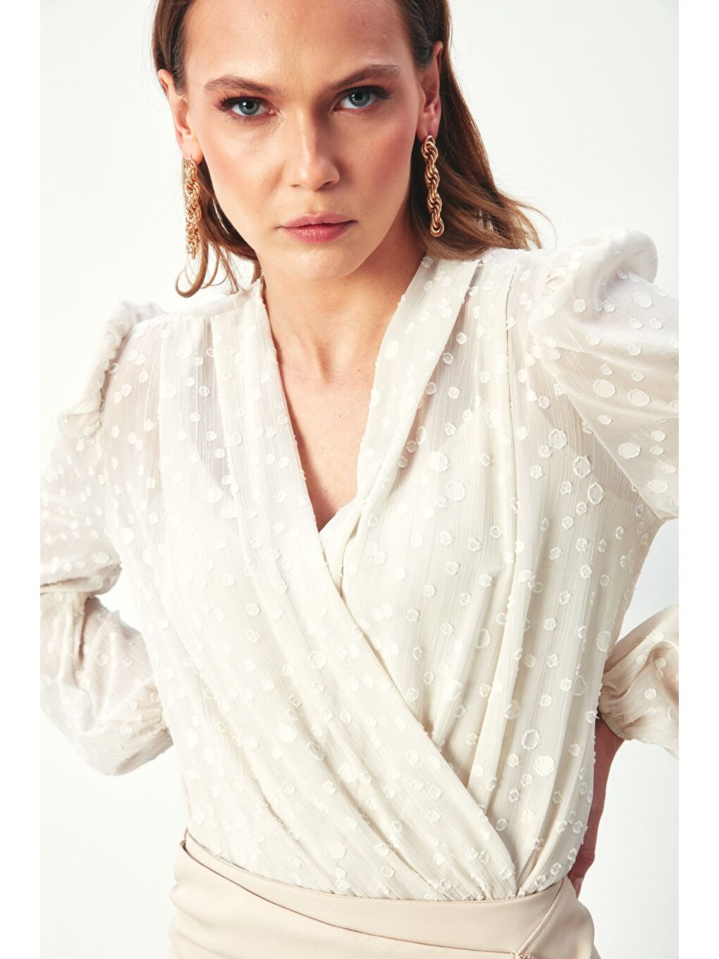 Bej Desenli Kruvaze Bodysuit Bluz - Taş-2