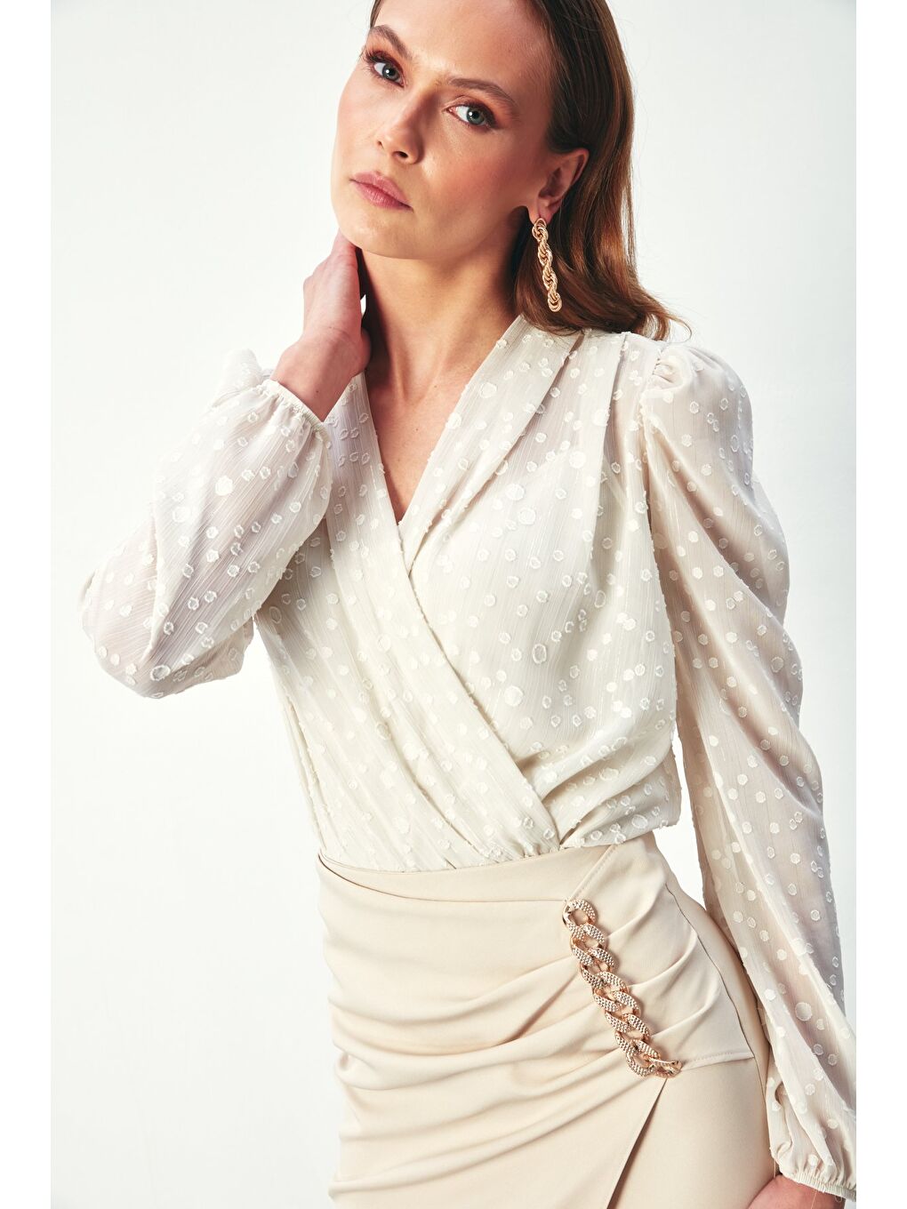 Bej Desenli Kruvaze Bodysuit Bluz - Taş-3