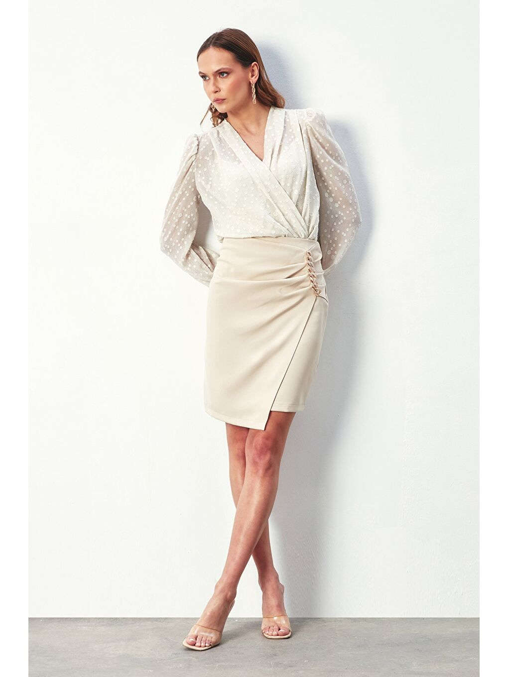 Bej Desenli Kruvaze Bodysuit Bluz - Taş-4