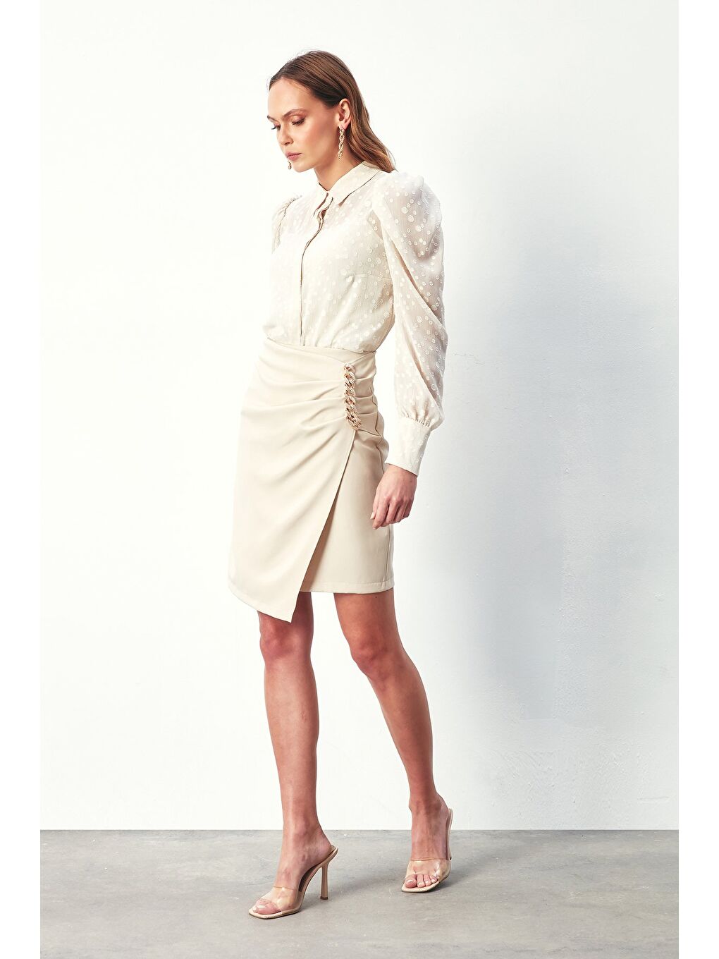 Bej Desenli Kruvaze Bodysuit Bluz - Taş-5