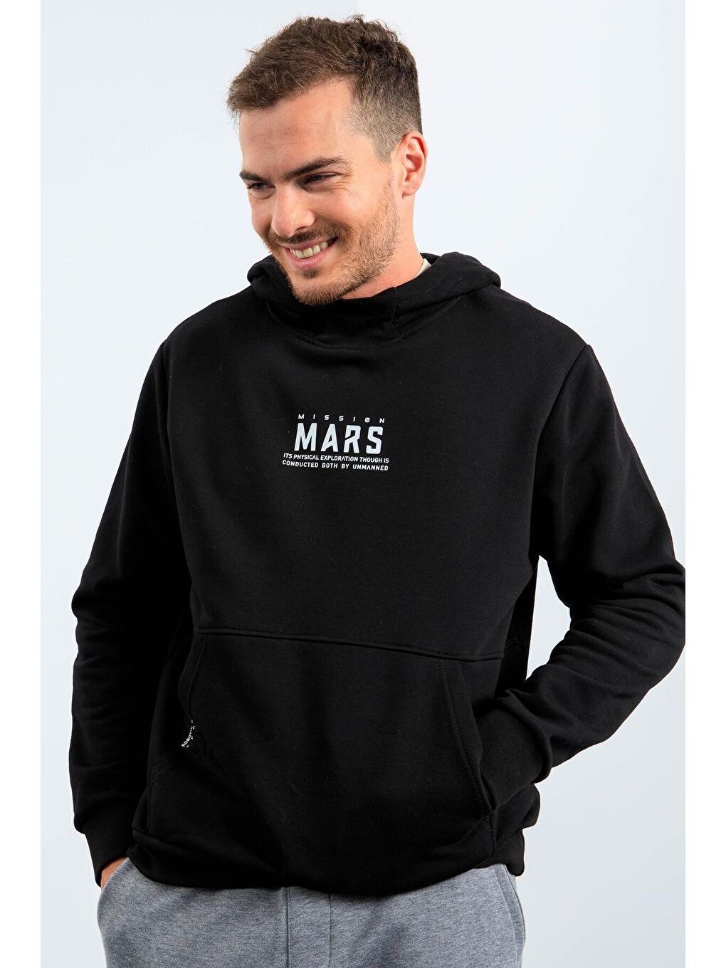 Siyah Mars Yazı Ve Sırt Baskılı Kapüşonlu Rahat Form Erkek Sweatshirt - 88032-4