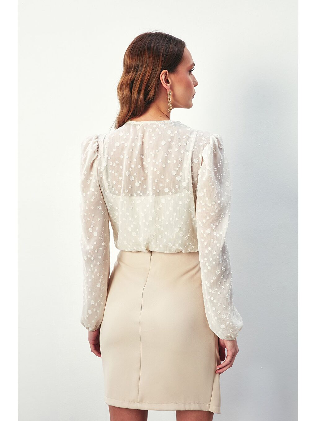 Bej Desenli Kruvaze Bodysuit Bluz - Taş-6