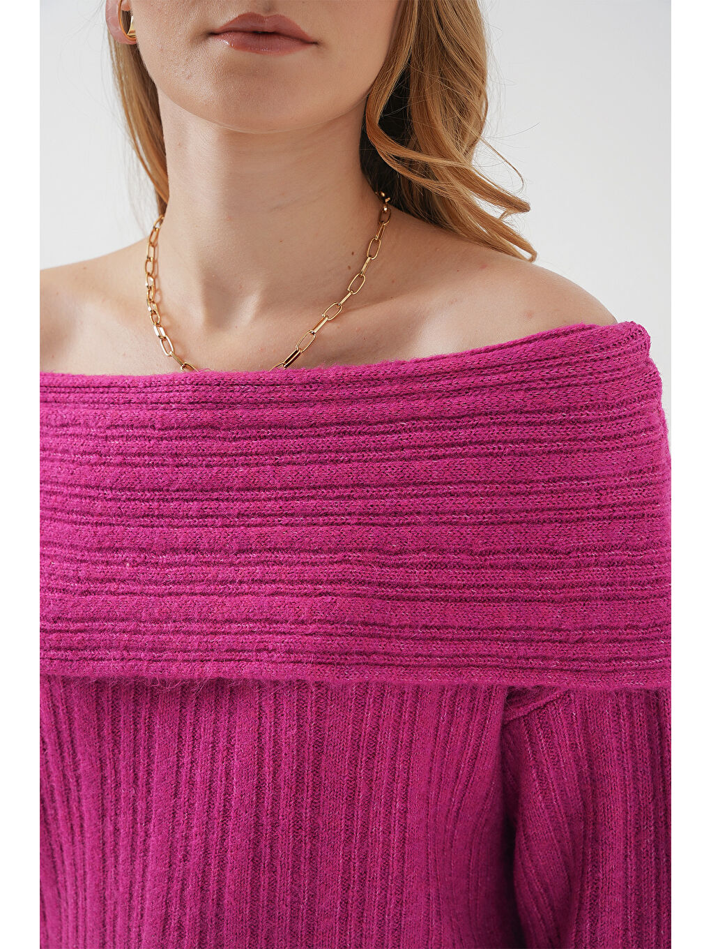 Petrol 15908 Kadın Açık Omuz Oversize Triko Kazak - Koyu Pembe-5