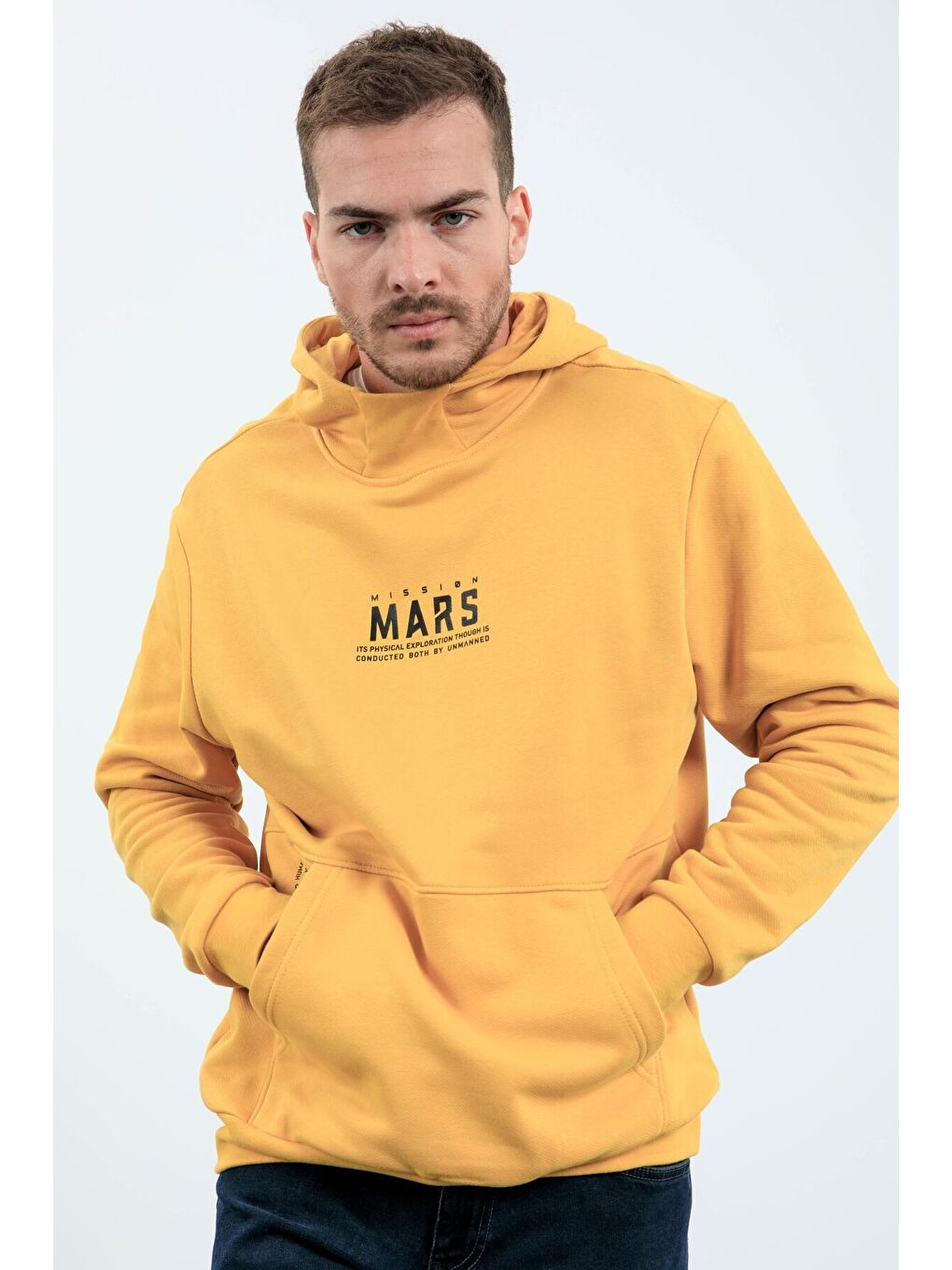 TOMMYLIFE Sarı Hardal Mars Yazı Ve Sırt Baskılı Kapüşonlu Rahat Form Erkek Sweatshirt - 88032 - 2