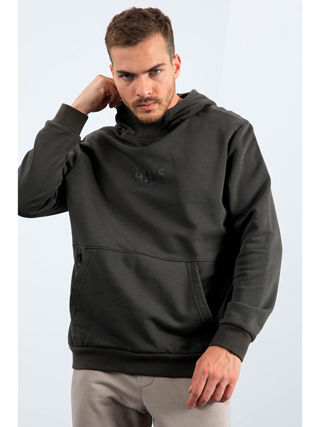 Haki Mars Yazı Ve Sırt Baskılı Kapüşonlu Rahat Form Erkek Sweatshirt - 88032