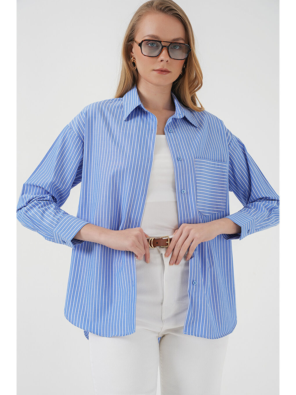20205 Çizgili Oversize Gömlek - Mavi