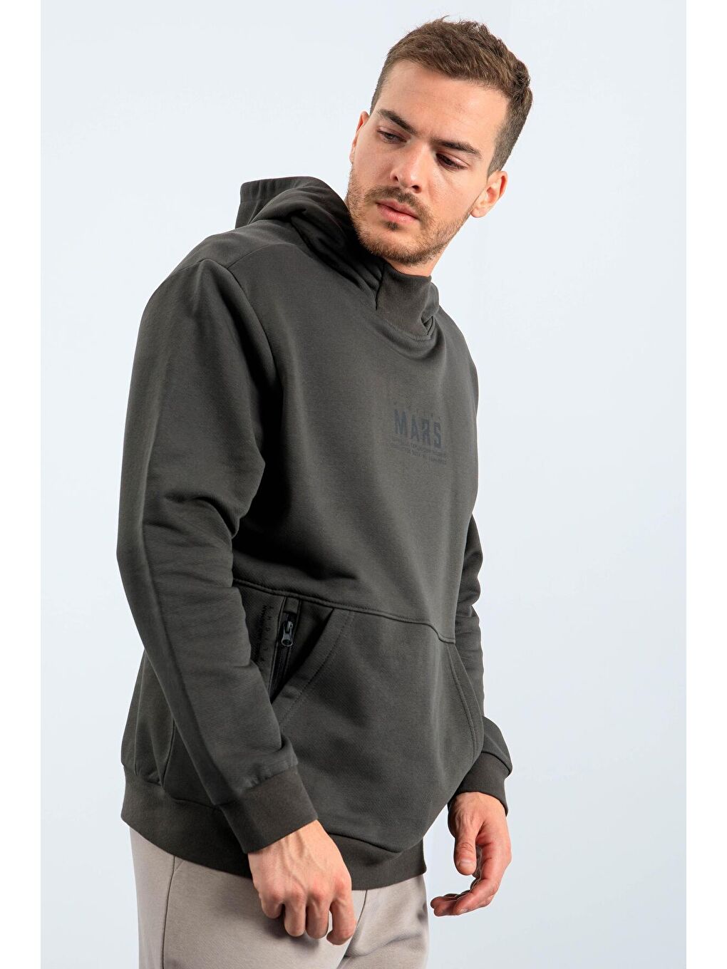 Haki Mars Yazı Ve Sırt Baskılı Kapüşonlu Rahat Form Erkek Sweatshirt - 88032-2
