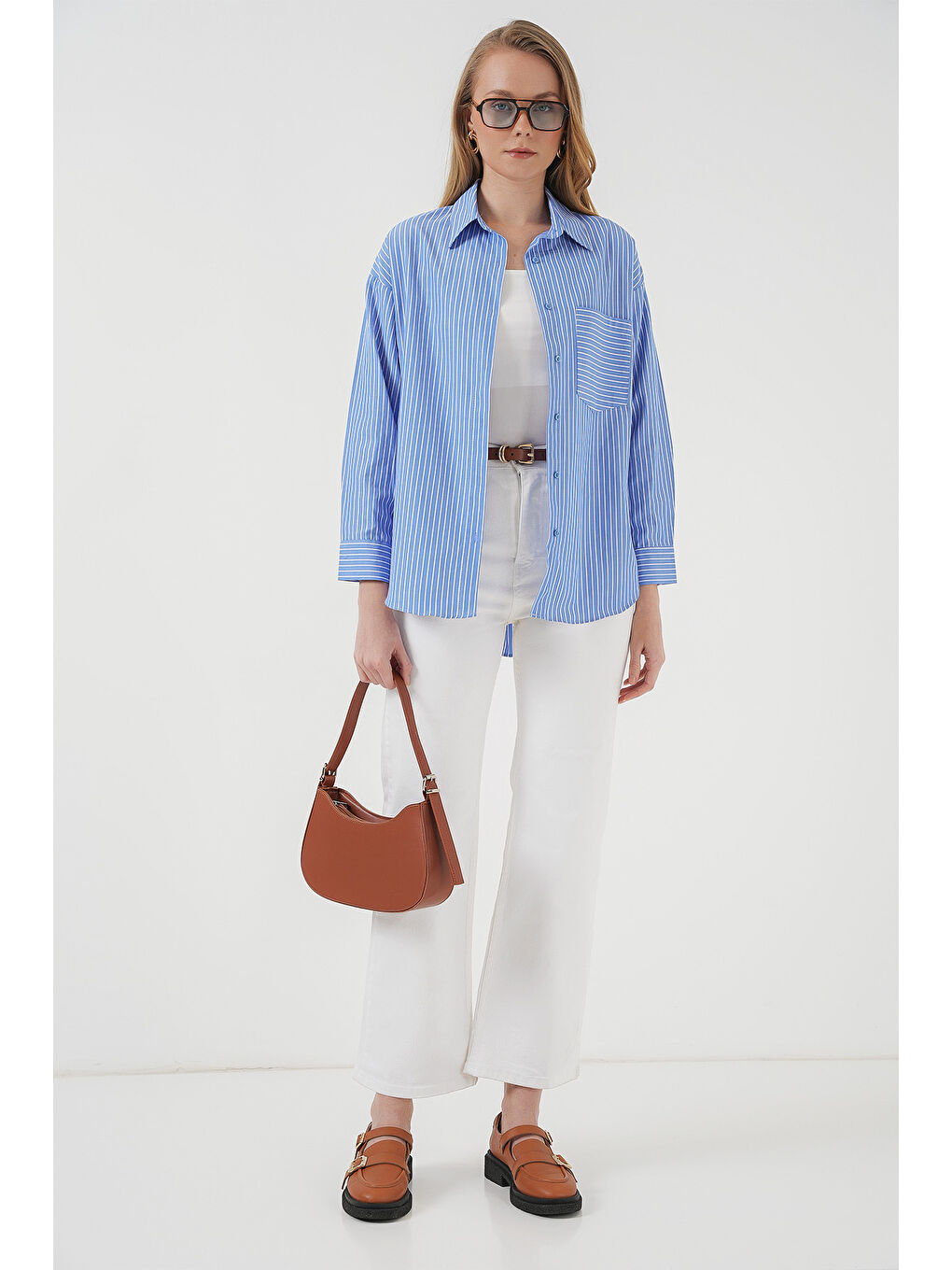 20205 Çizgili Oversize Gömlek - Mavi-1