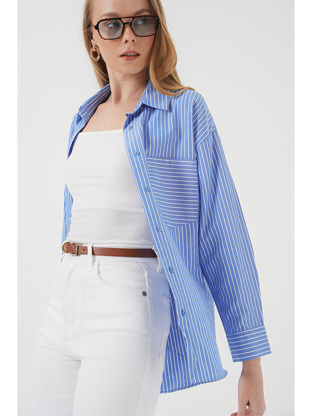 20205 Çizgili Oversize Gömlek - Mavi-2