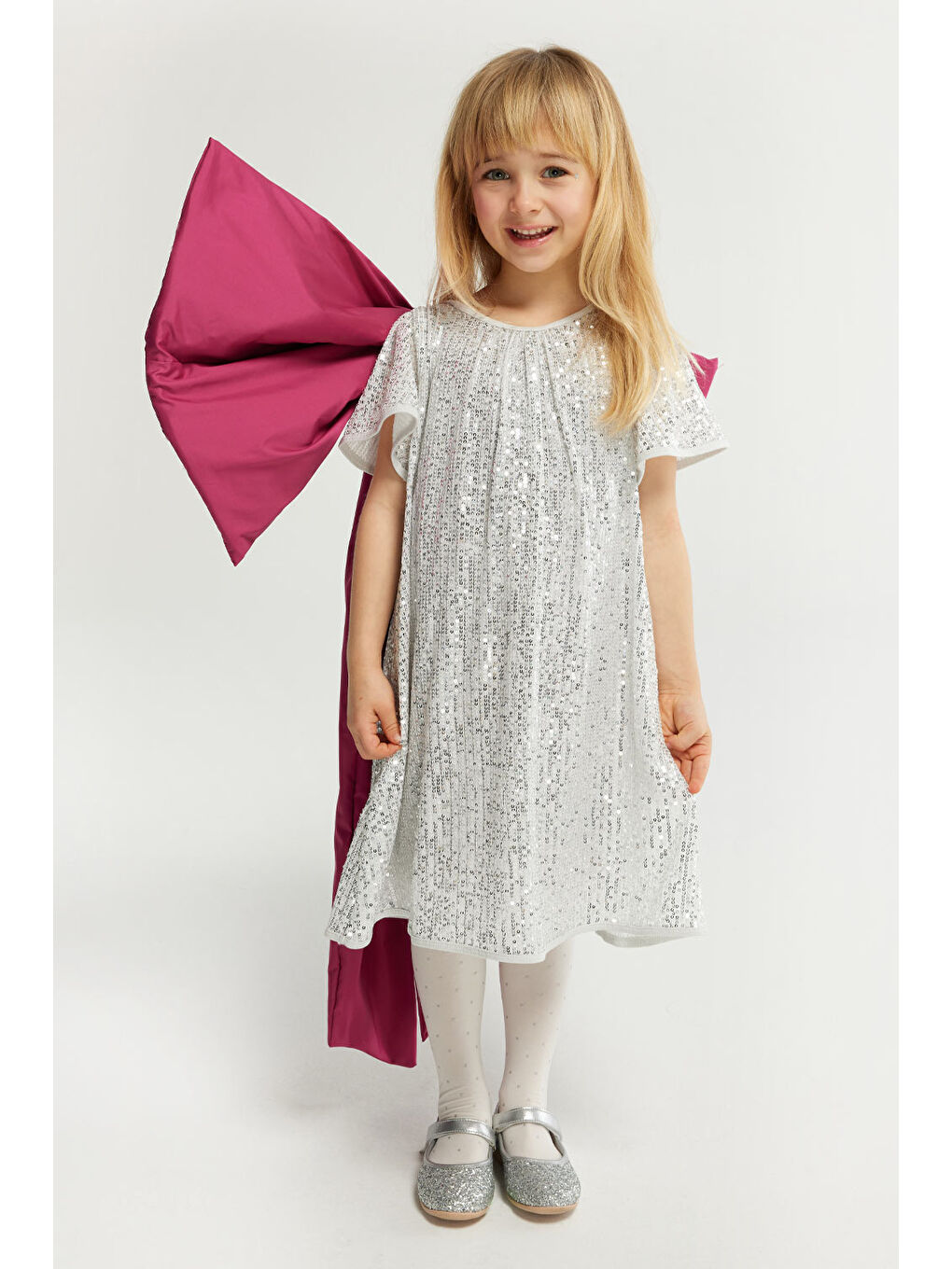 Gri Gümüş  Pul Payetli Kız Çocuk Elbise-Siri
