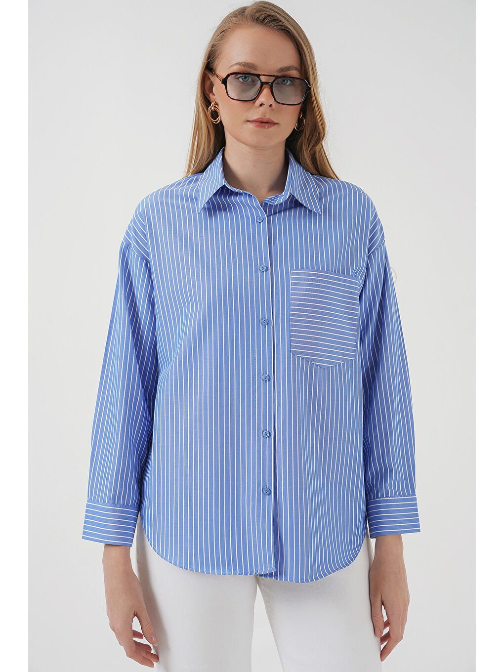 20205 Çizgili Oversize Gömlek - Mavi-4