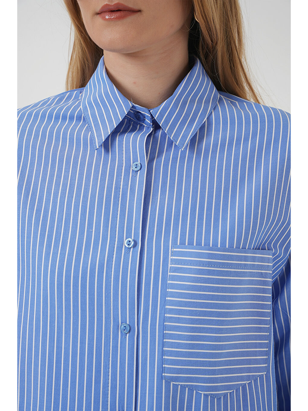 20205 Çizgili Oversize Gömlek - Mavi-5