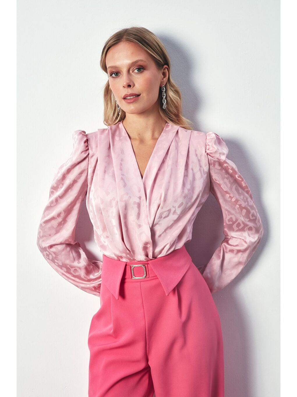 Pembe Kruvaze Desenli Bodysuit Bluz - Pudra