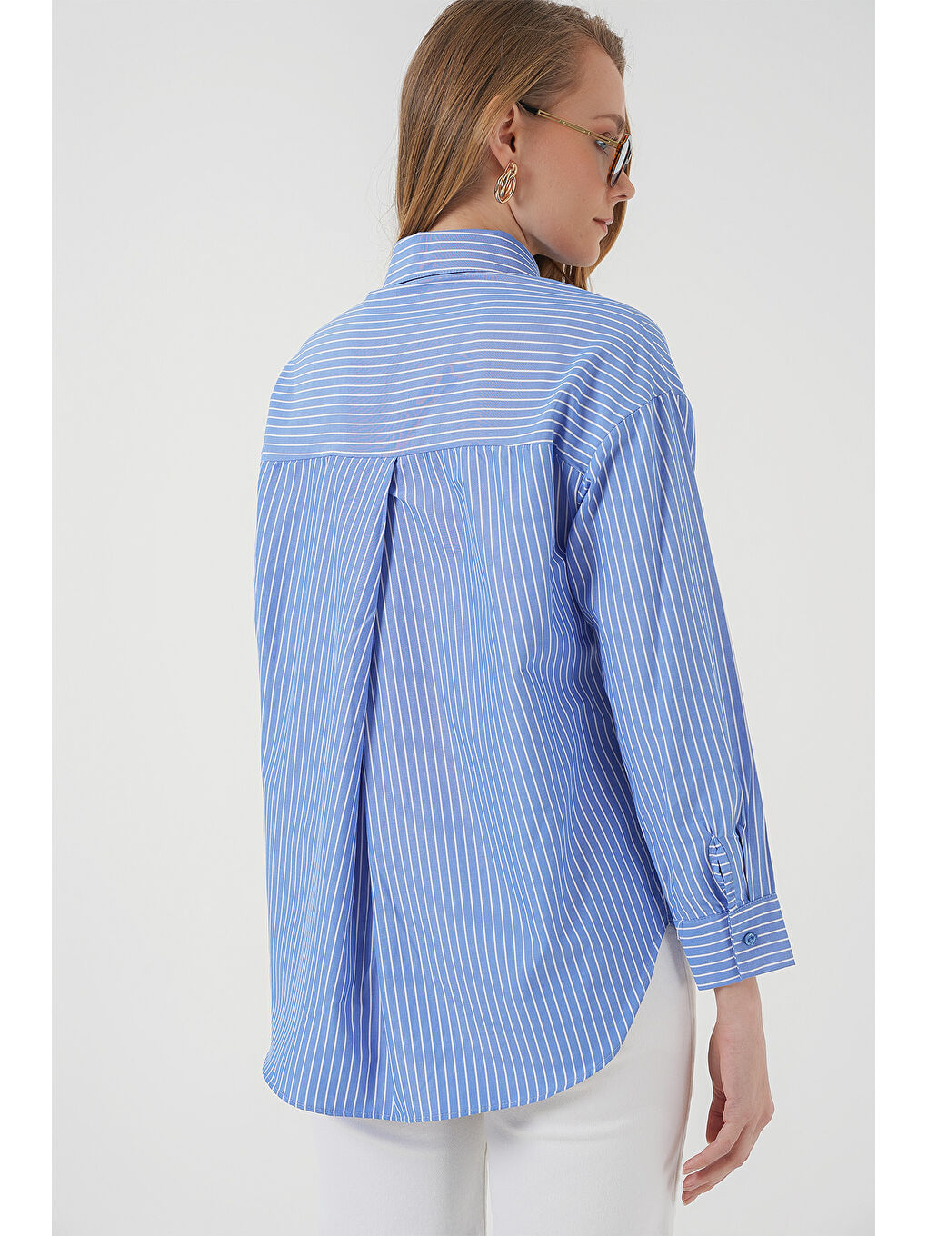 20205 Çizgili Oversize Gömlek - Mavi-6