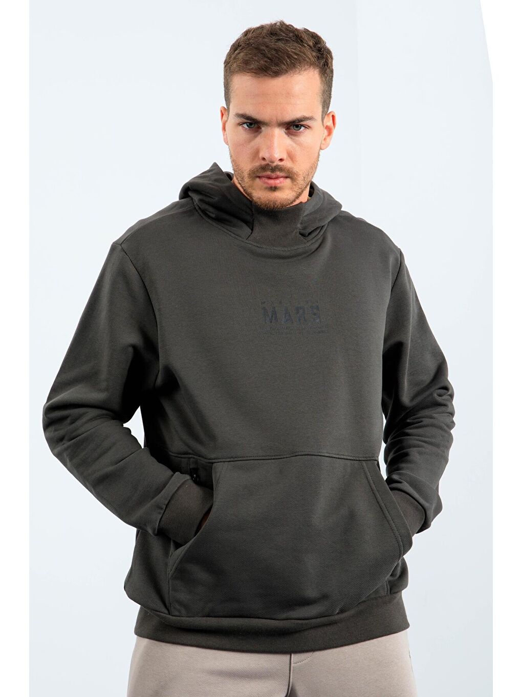 Haki Mars Yazı Ve Sırt Baskılı Kapüşonlu Rahat Form Erkek Sweatshirt - 88032-4